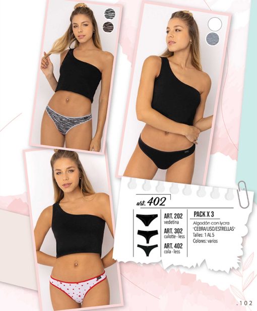 Codigo: 302 -- marey lingerie -- PACK X 3 culotte-less algodon con lycra "CEBRA/LISO/ESTRELLAS"