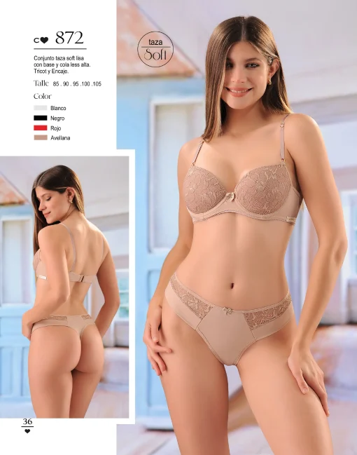 Codigo: 872 -- coramina lenceria -- Conjunto taza soft lisa con base y cola less alta. Tricot y encaje.